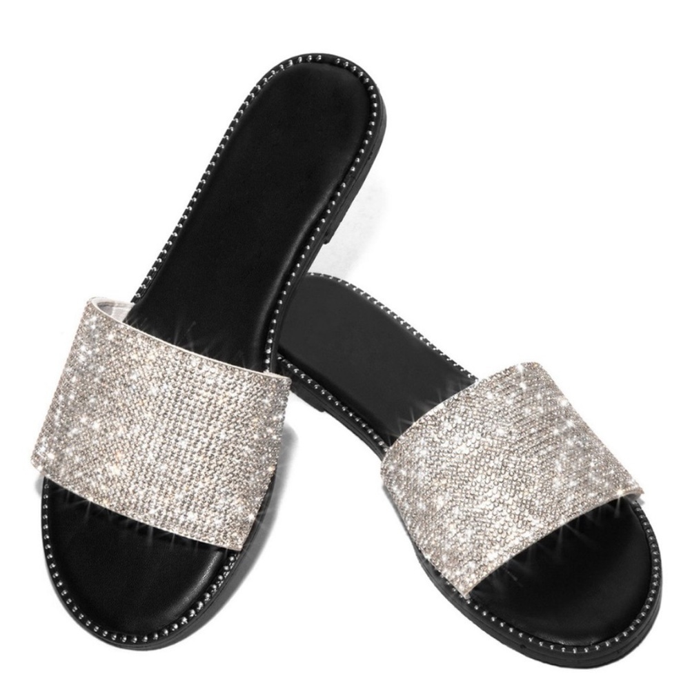 New In Box. Silver Rhinestone Slide Sandals - Picture 3 of 4